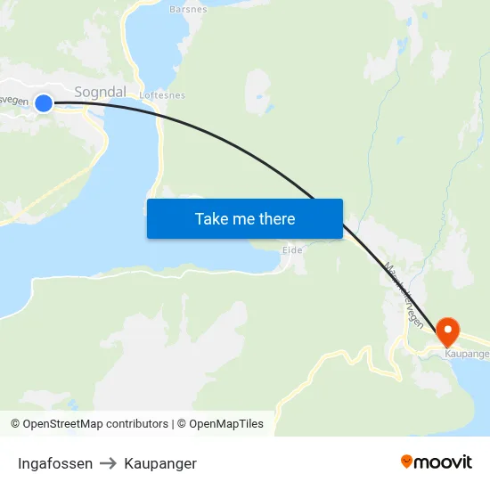 Ingafossen to Kaupanger map