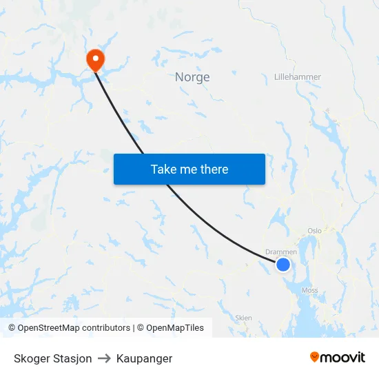 Skoger Stasjon to Kaupanger map