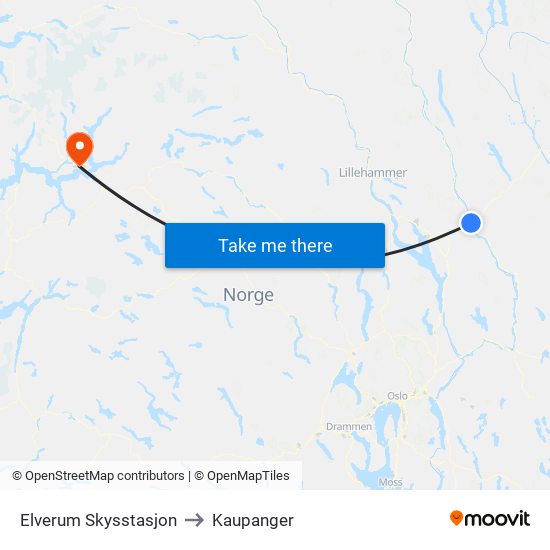 Elverum Skysstasjon to Kaupanger map