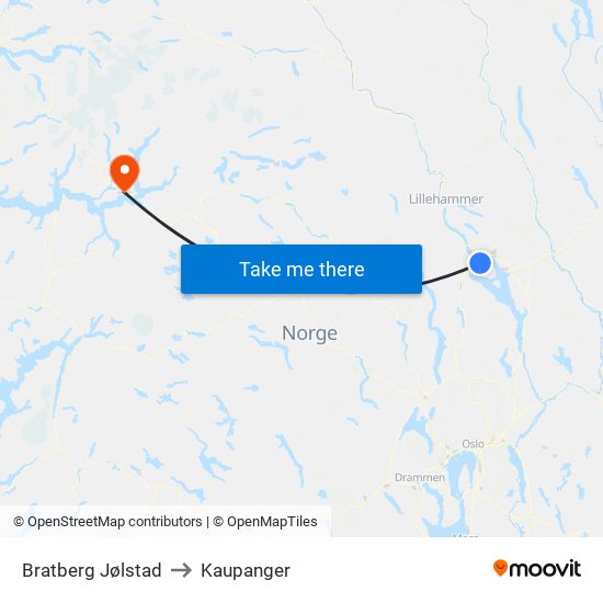 Bratberg Jølstad to Kaupanger map