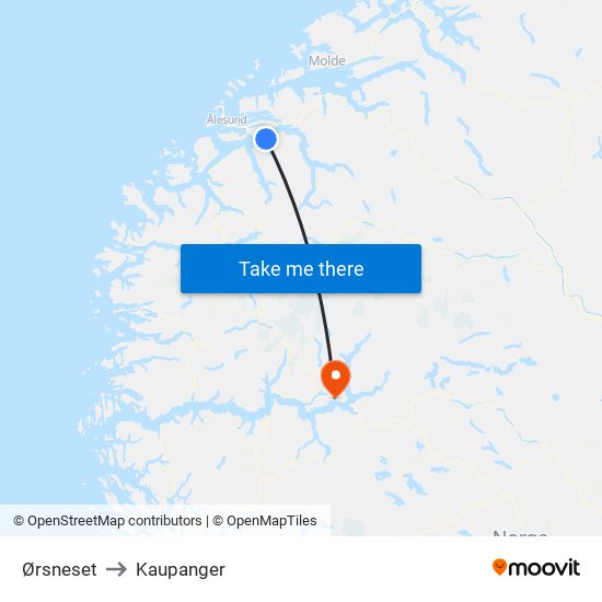 Ørsneset to Kaupanger map