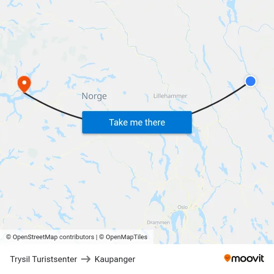 Trysil Turistsenter to Kaupanger map