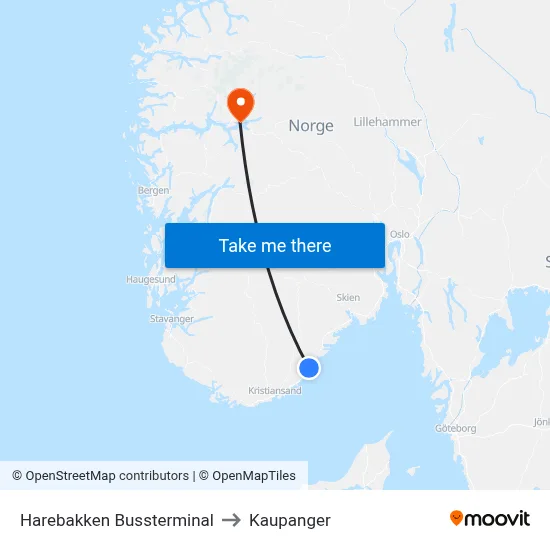 Harebakken Bussterminal to Kaupanger map
