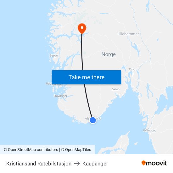 Kristiansand Rutebilstasjon to Kaupanger map