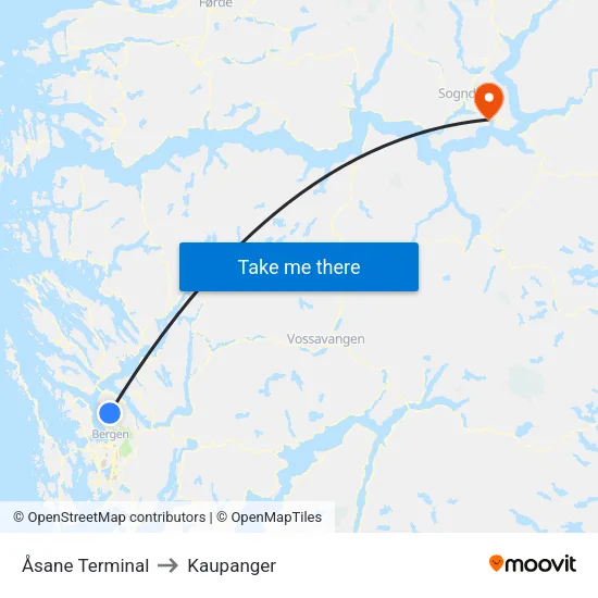 Åsane Terminal to Kaupanger map