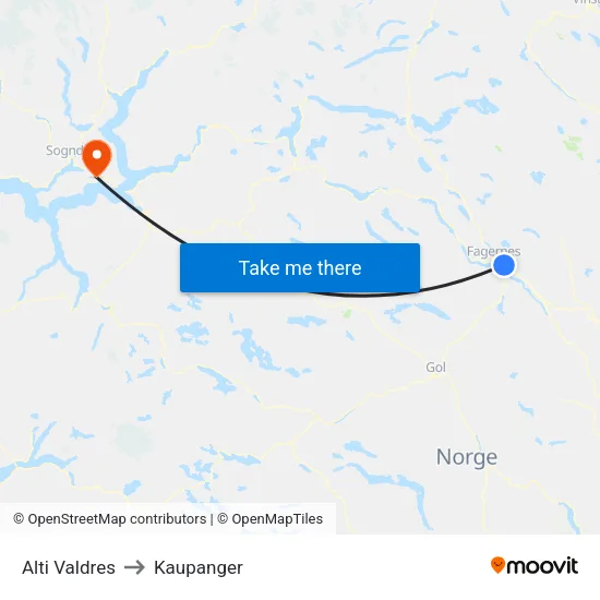 Alti Valdres to Kaupanger map