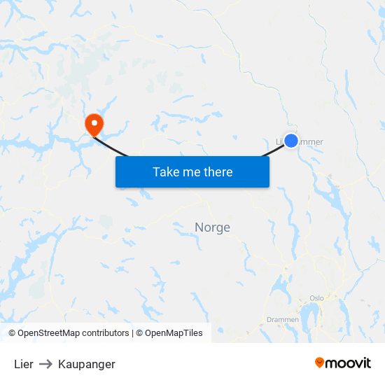 Lier to Kaupanger map