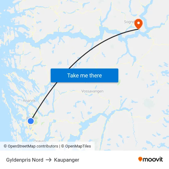 Gyldenpris Nord to Kaupanger map