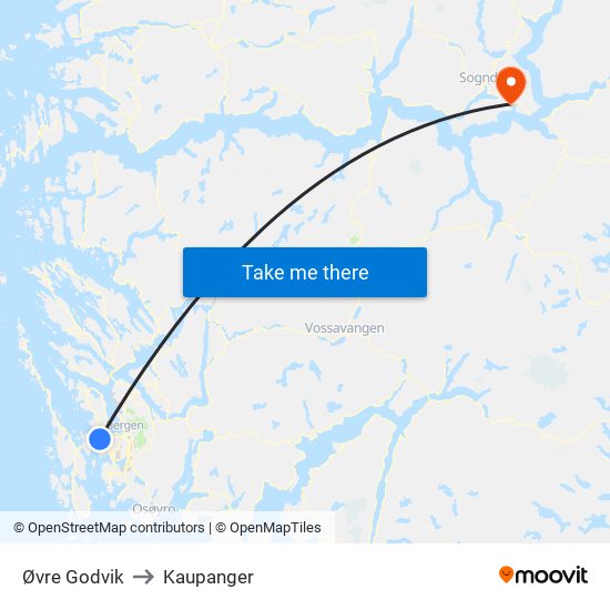 Øvre Godvik to Kaupanger map