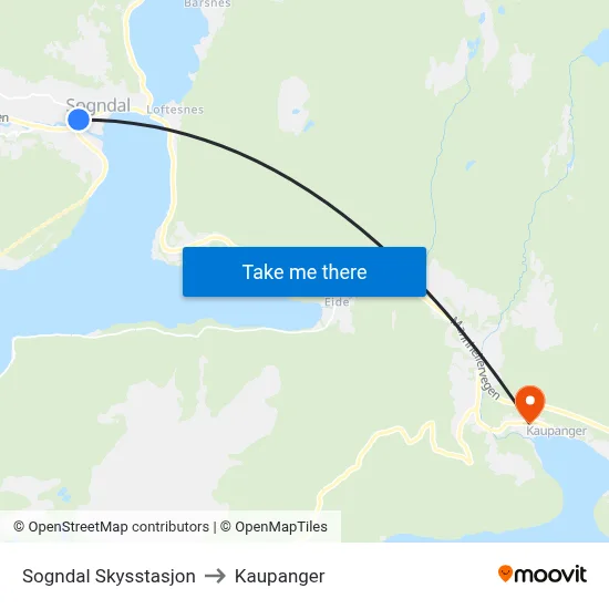 Sogndal Skysstasjon to Kaupanger map