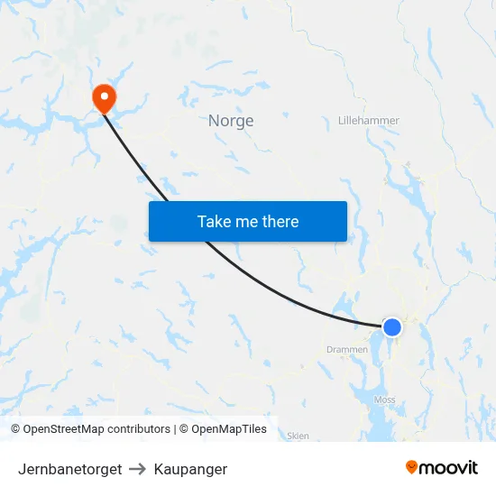 Jernbanetorget to Kaupanger map
