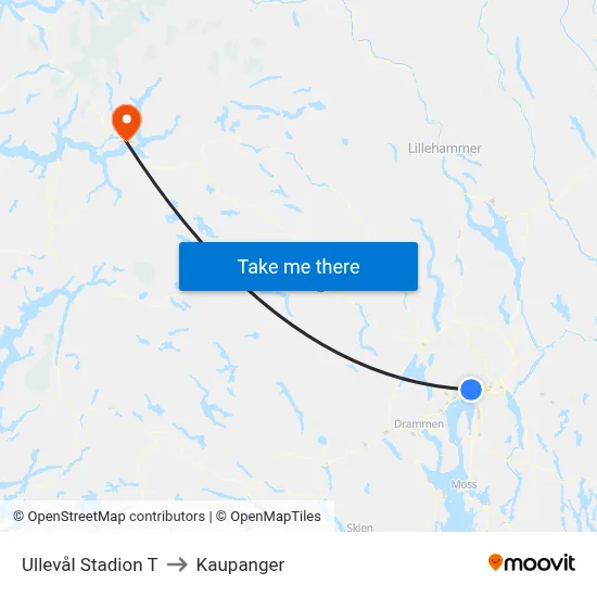 Ullevål Stadion T to Kaupanger map