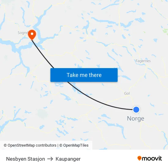 Nesbyen Stasjon to Kaupanger map