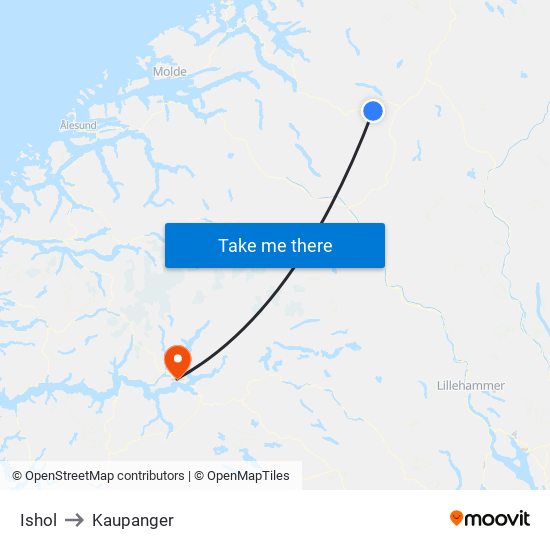 Ishol to Kaupanger map