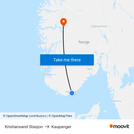 Kristiansand Stasjon to Kaupanger map