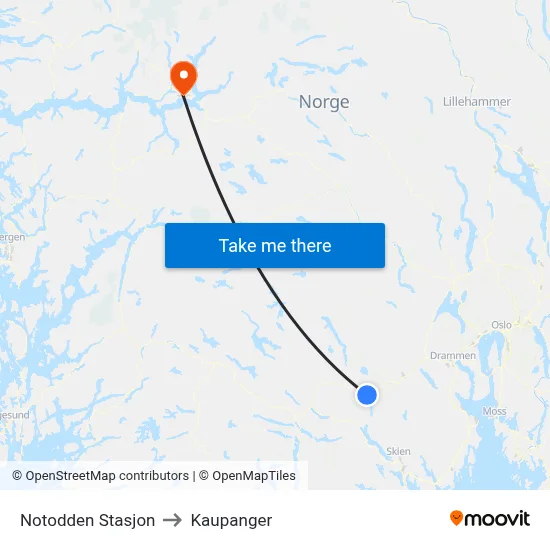 Notodden Stasjon to Kaupanger map