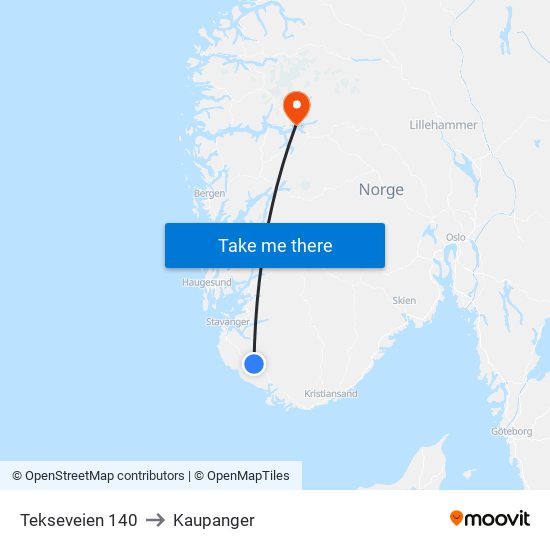 Tekseveien 140 to Kaupanger map