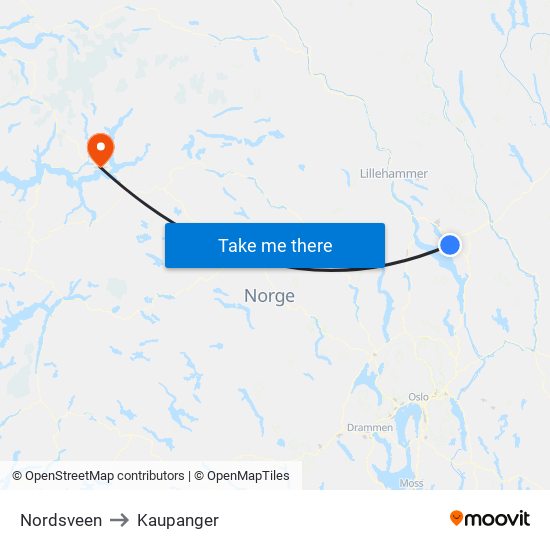 Nordsveen to Kaupanger map