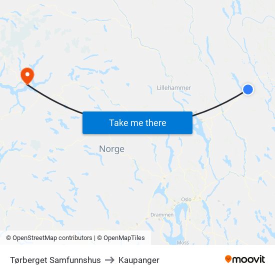 Tørberget Samfunnshus to Kaupanger map