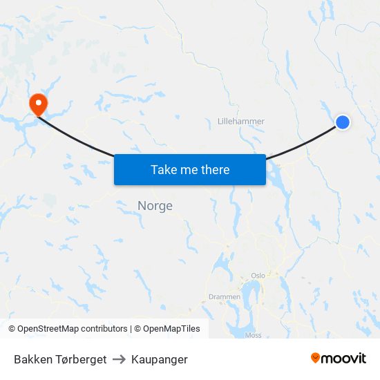 Bakken Tørberget to Kaupanger map