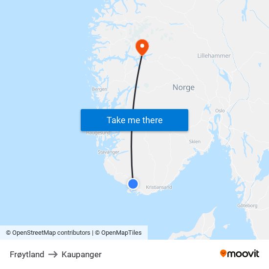 Frøytland to Kaupanger map