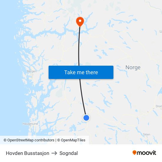 Hovden Busstasjon to Sogndal map