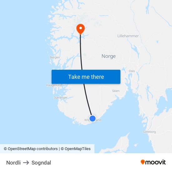 Nordli to Sogndal map