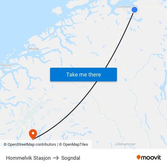 Hommelvik Stasjon to Sogndal map