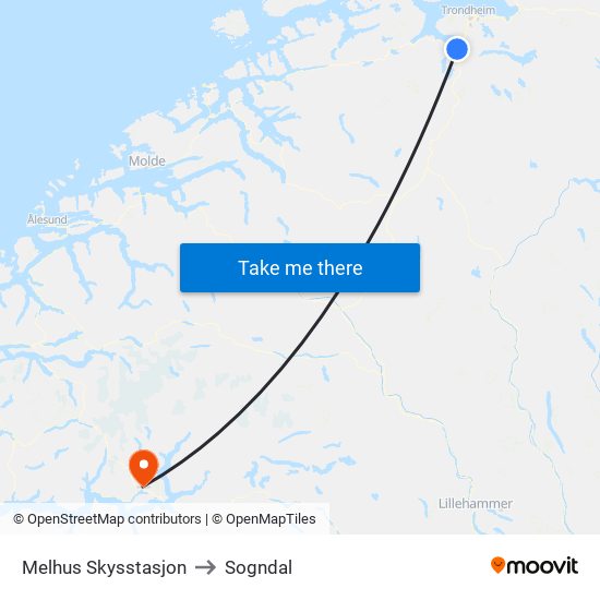 Melhus Skysstasjon to Sogndal map