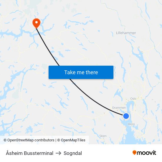 Åsheim Bussterminal to Sogndal map