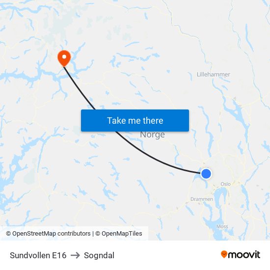 Sundvollen E16 to Sogndal map