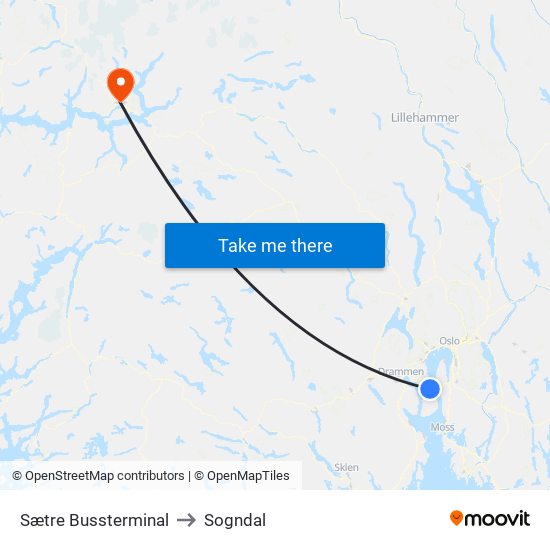 Sætre Bussterminal to Sogndal map