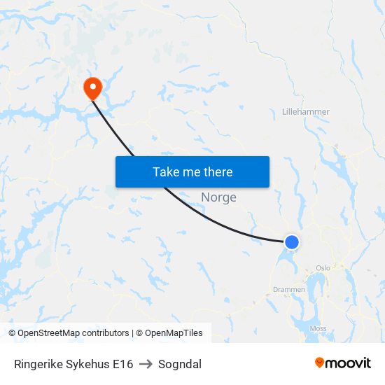 Ringerike Sykehus E16 to Sogndal map