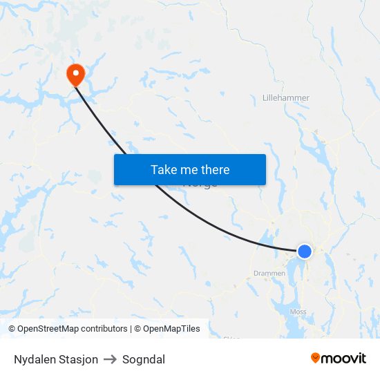 Nydalen Stasjon to Sogndal map