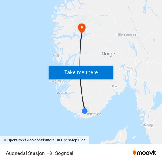 Audnedal Stasjon to Sogndal map