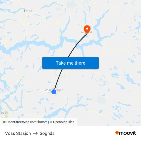 Voss Stasjon to Sogndal map