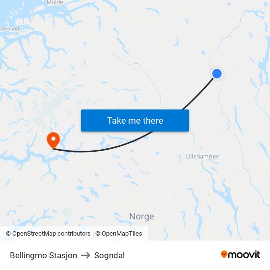 Bellingmo Stasjon to Sogndal map