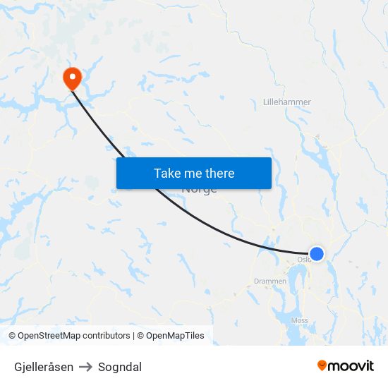 Gjelleråsen to Sogndal map