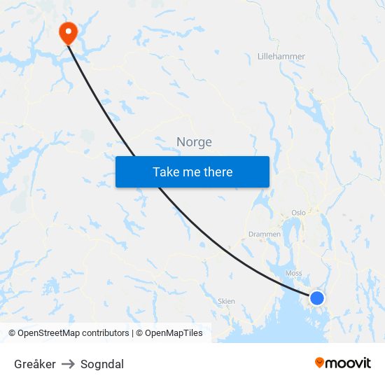 Greåker to Sogndal map