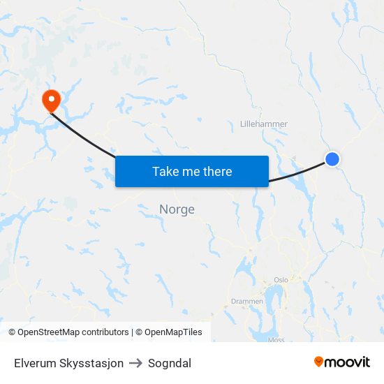 Elverum Skysstasjon to Sogndal map