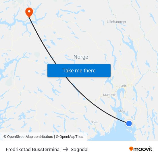 Fredrikstad Bussterminal to Sogndal map