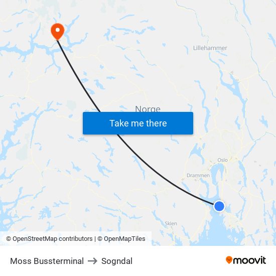 Moss Bussterminal to Sogndal map