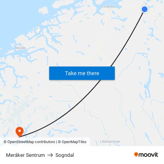 Meråker Sentrum to Sogndal map