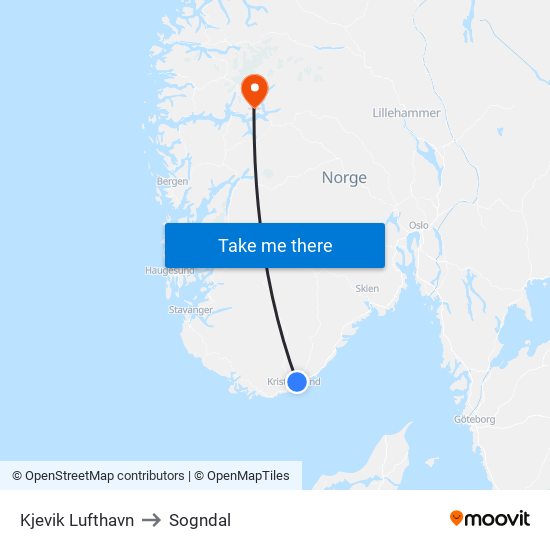 Kjevik Lufthavn to Sogndal map