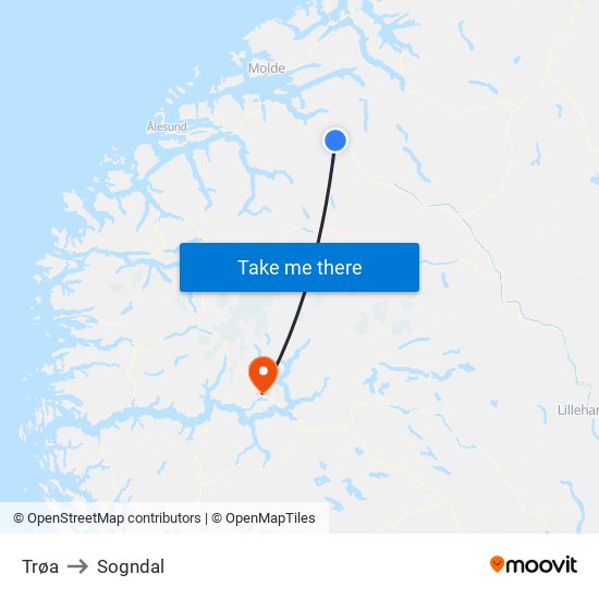 Trøa to Sogndal map