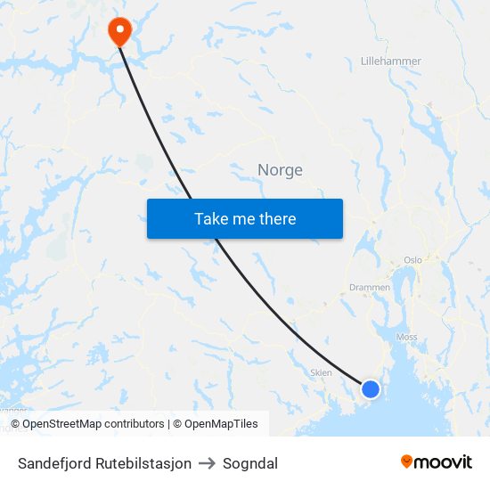 Sandefjord Rutebilstasjon to Sogndal map