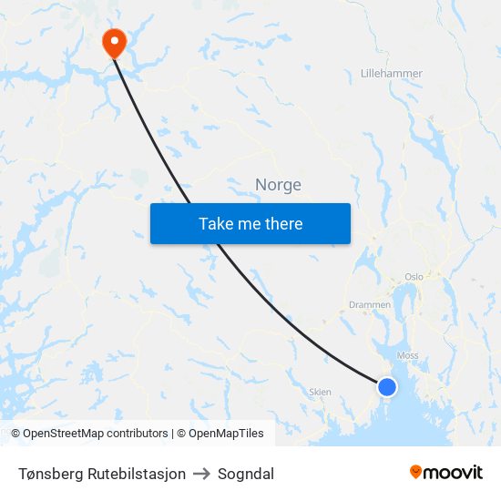 Tønsberg Rutebilstasjon to Sogndal map