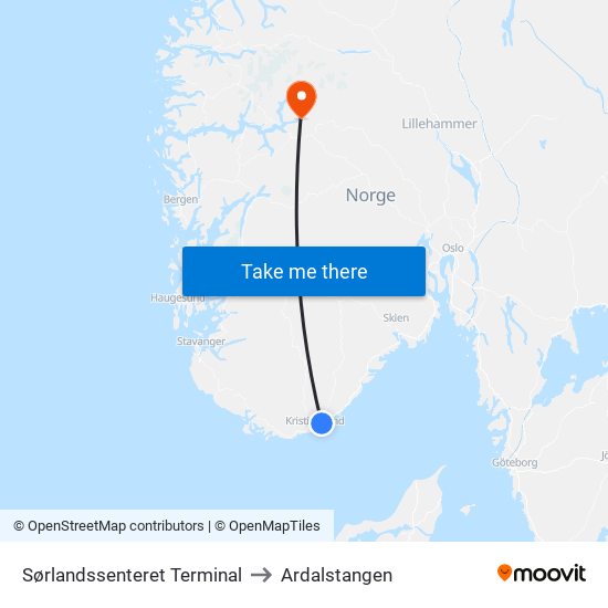 Sørlandssenteret Terminal to Ardalstangen map