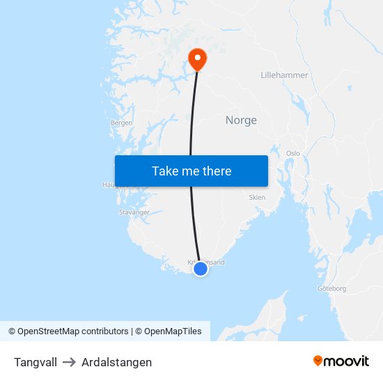 Tangvall to Ardalstangen map