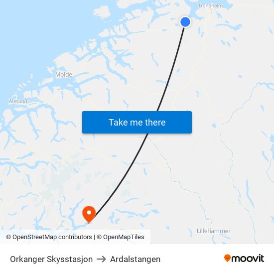 Orkanger Skysstasjon to Ardalstangen map